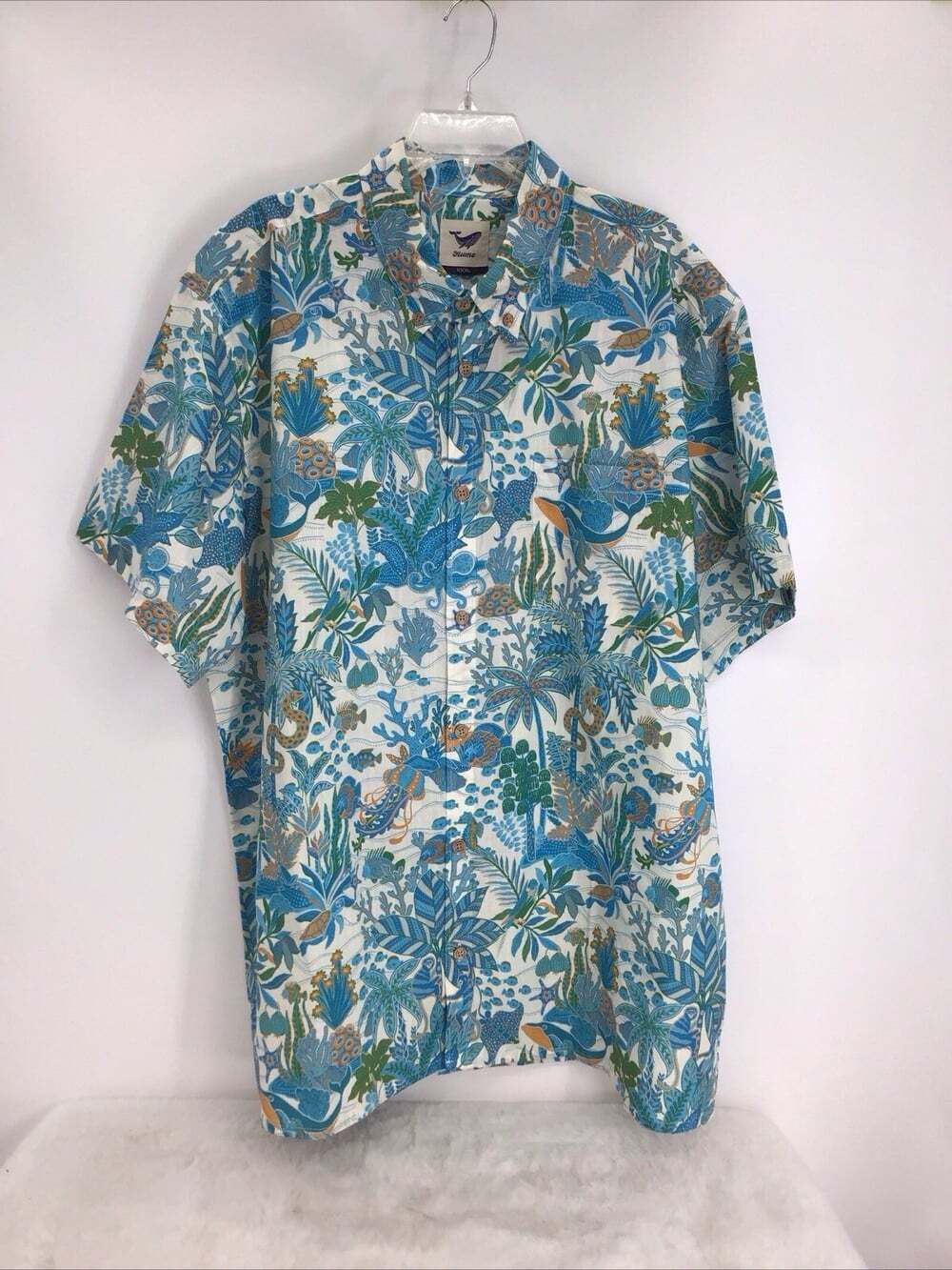 Yiume Men’s Hawaiian Sea Ocean Fish Resort Camp Shirt 100% Cotton Teal Size XXXL